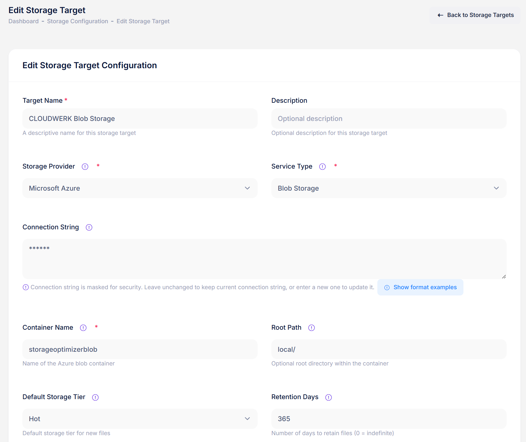 Storage target configuration with retention settings